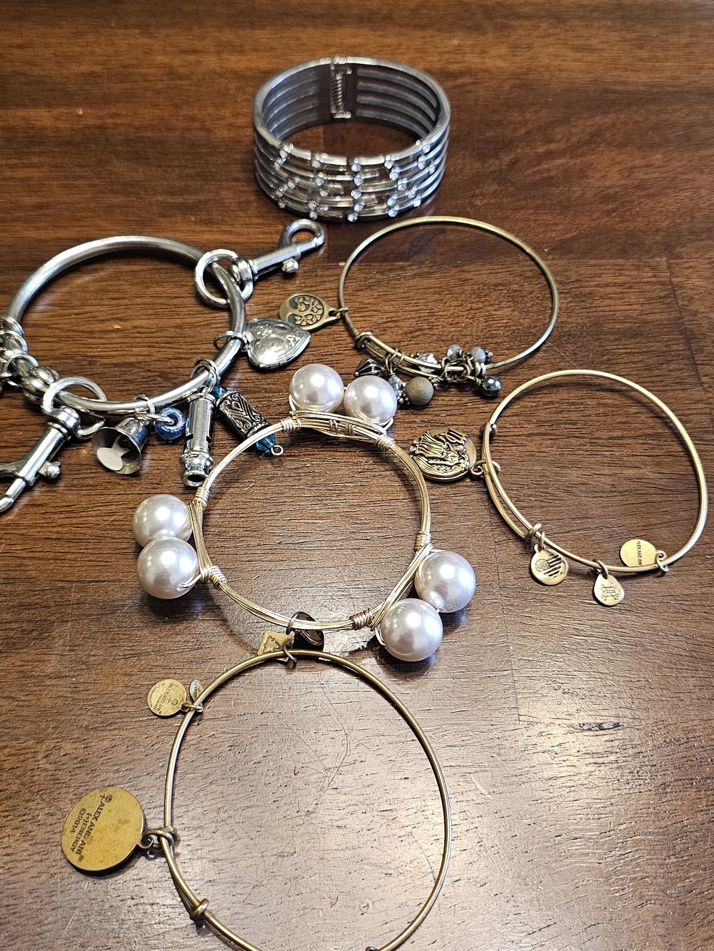Alex and Ani Gold and Silver Mixed Metal Charm & Pearl Bangle Set